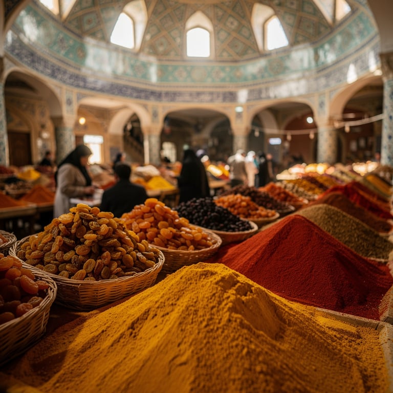 Spice and dried fruit stalls under the tiled dome of Chorsu Bazaar with traders and morning light, Tashkent, Uzbekistan
