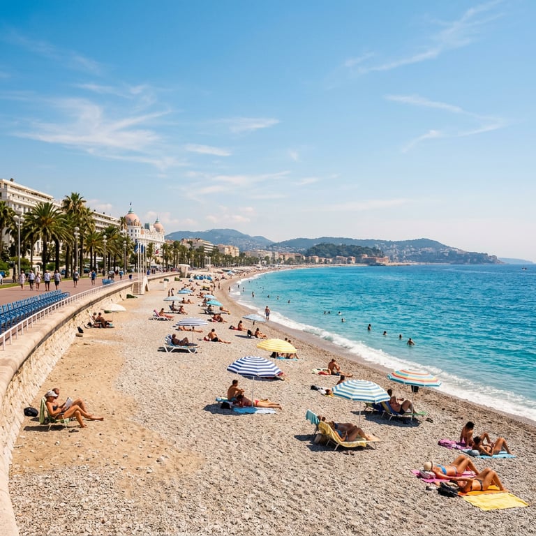 Nice beach and Promenade des Anglais in full summer with sunbathers, parasols, and the turquoise Mediterranean stretching to the horizon, Nice, France