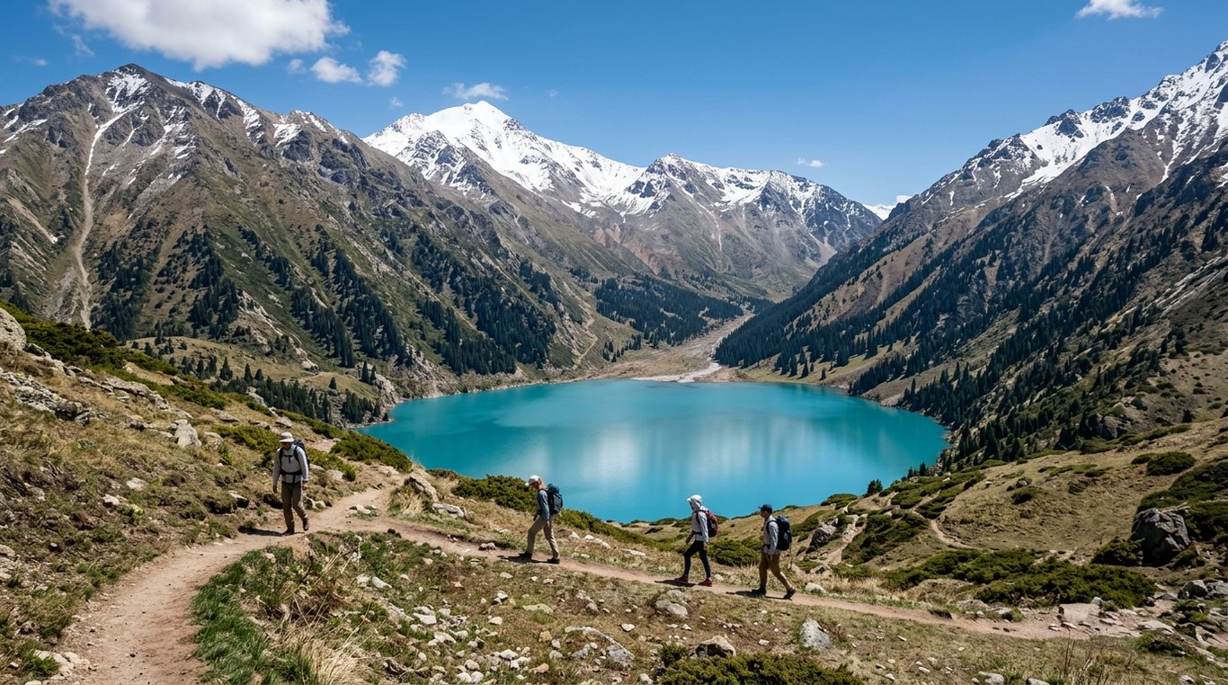 Trekkers on the trail above Big Almaty Lake with snow-capped Tien Shan peaks behind, Almaty Region, Kazakhstan, in July