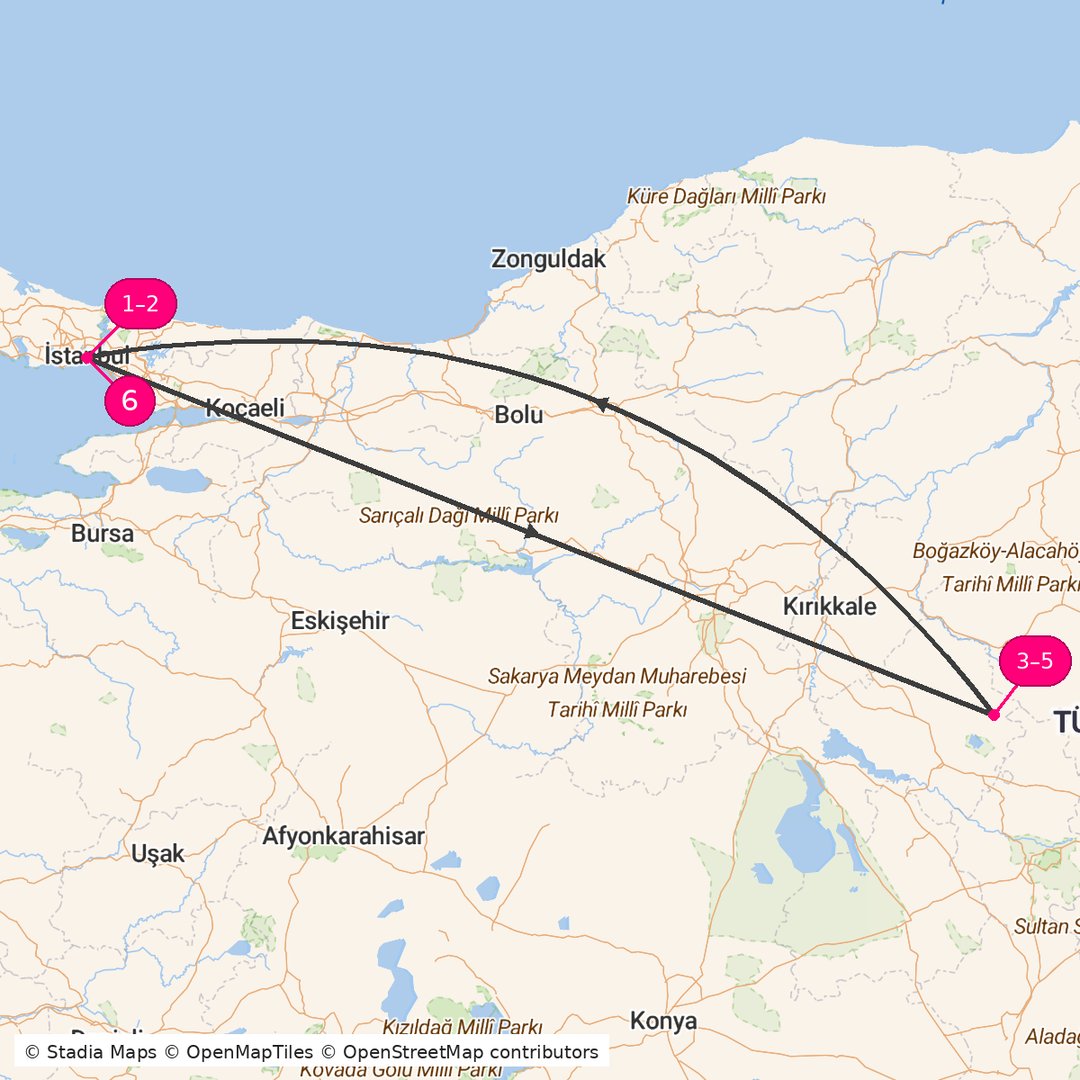 Itinerary route map for Turkish Treasures Tour