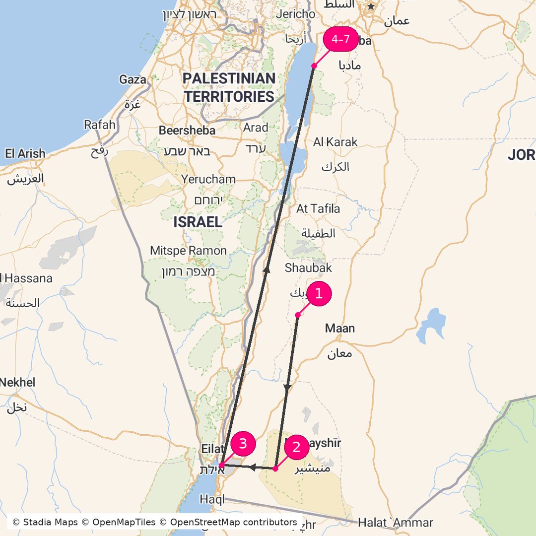 Itinerary route map for Jordan Desert Discovery