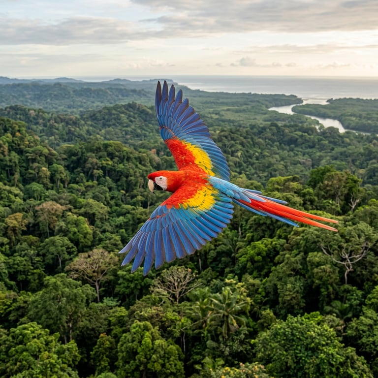 Scarlet macaw flying over the dense jungle of Corcovado National Park on the Osa Peninsula, Costa Rica