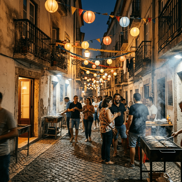 Lisbon Santo António festival with paper decorations, sardine grills, and colourful bunting above a cobblestone Alfama lane at night, Lisbon, Portugal