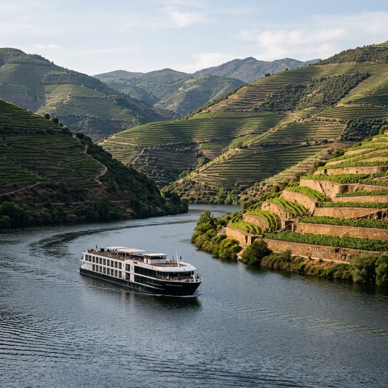 River cruise boat passing steeply terraced port wine vineyards on the Douro River in afternoon light, Pinhão, Douro Valley, Portugal