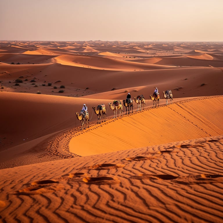 Camel caravan at sunrise crossing the red dunes near Liwa Oasis with the Empty Quarter desert in the background, Abu Dhabi, UAE