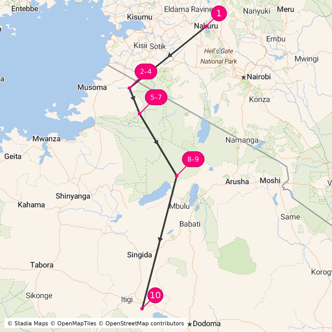 Itinerary route map for Nairobi to Serengeti Safari