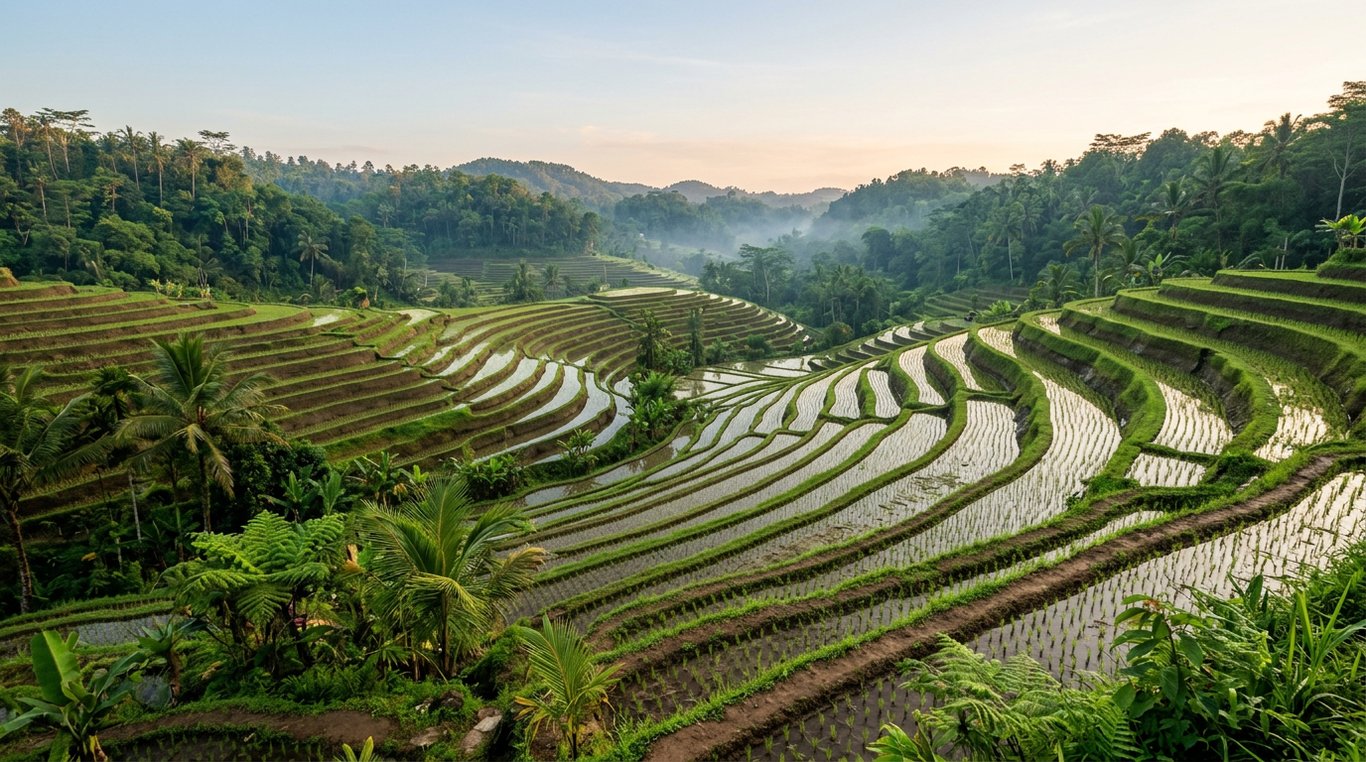 Tegallalang rice terrace terraces in morning light near Ubud, Bali, Indonesia, in April