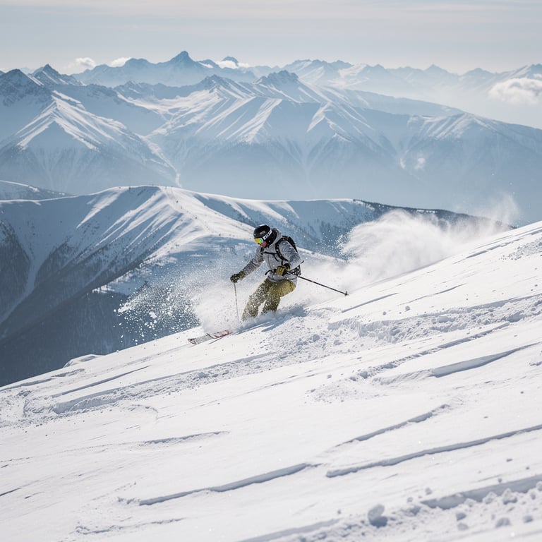Skier descending a wide open powder slope at Gudauri ski resort with the Greater Caucasus panorama visible below, Georgia