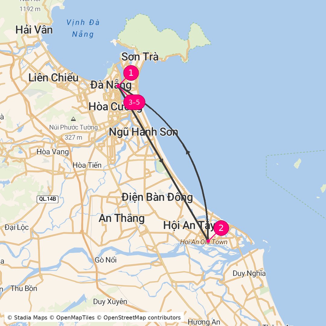 Itinerary route map for Central Vietnam Private Elegance