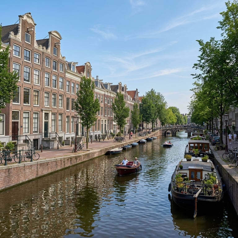 Amsterdam canal in summer with houseboats, tourists in pedal boats, and gabled townhouses under a blue sky, Prinsengracht, Amsterdam, Netherlands