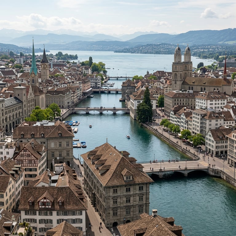 Zurich Altstadt and Limmat River from above with the Grossmünster twin towers and Lake Zurich visible behind, Zurich, Switzerland