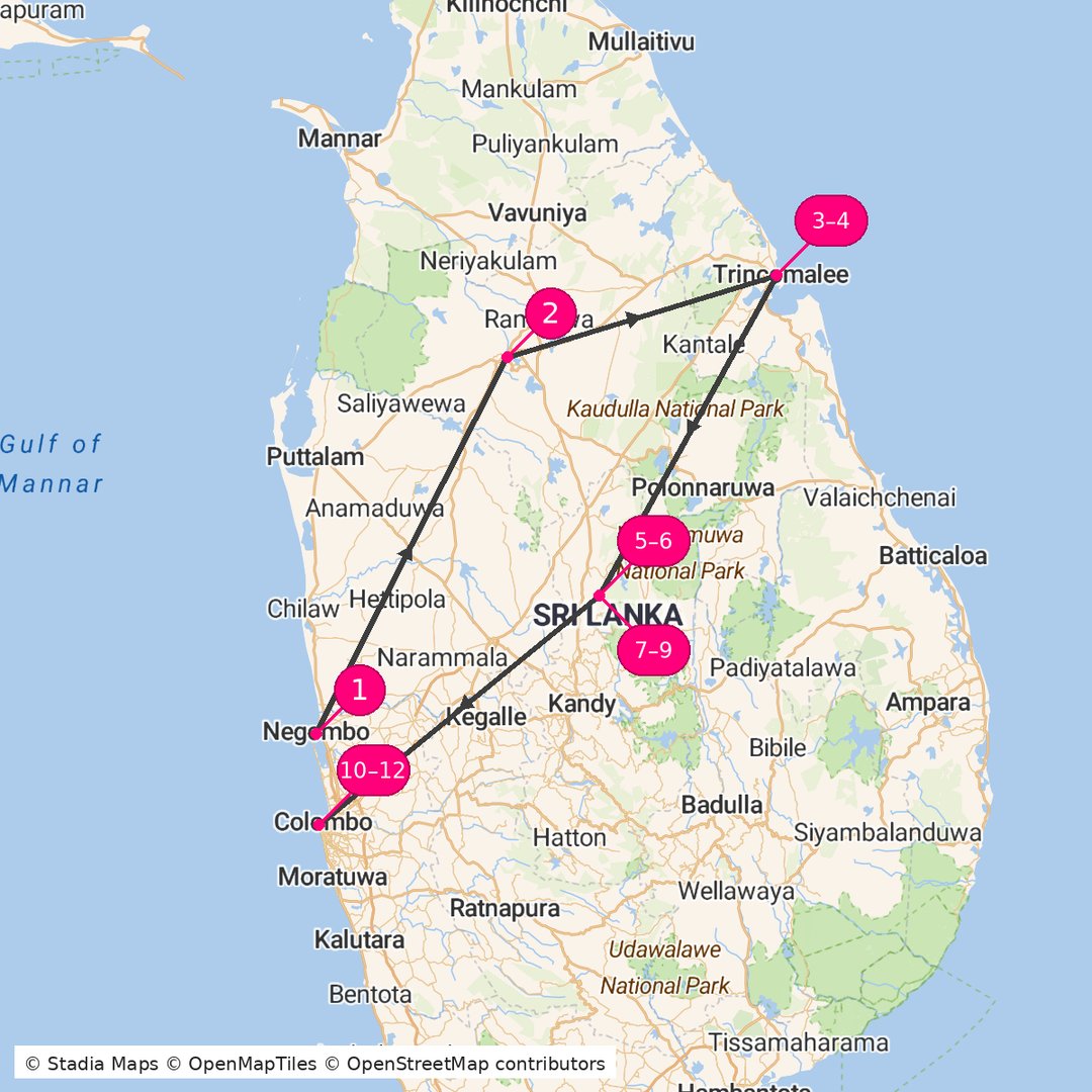 Itinerary route map for Sri Lanka East Coast Escape