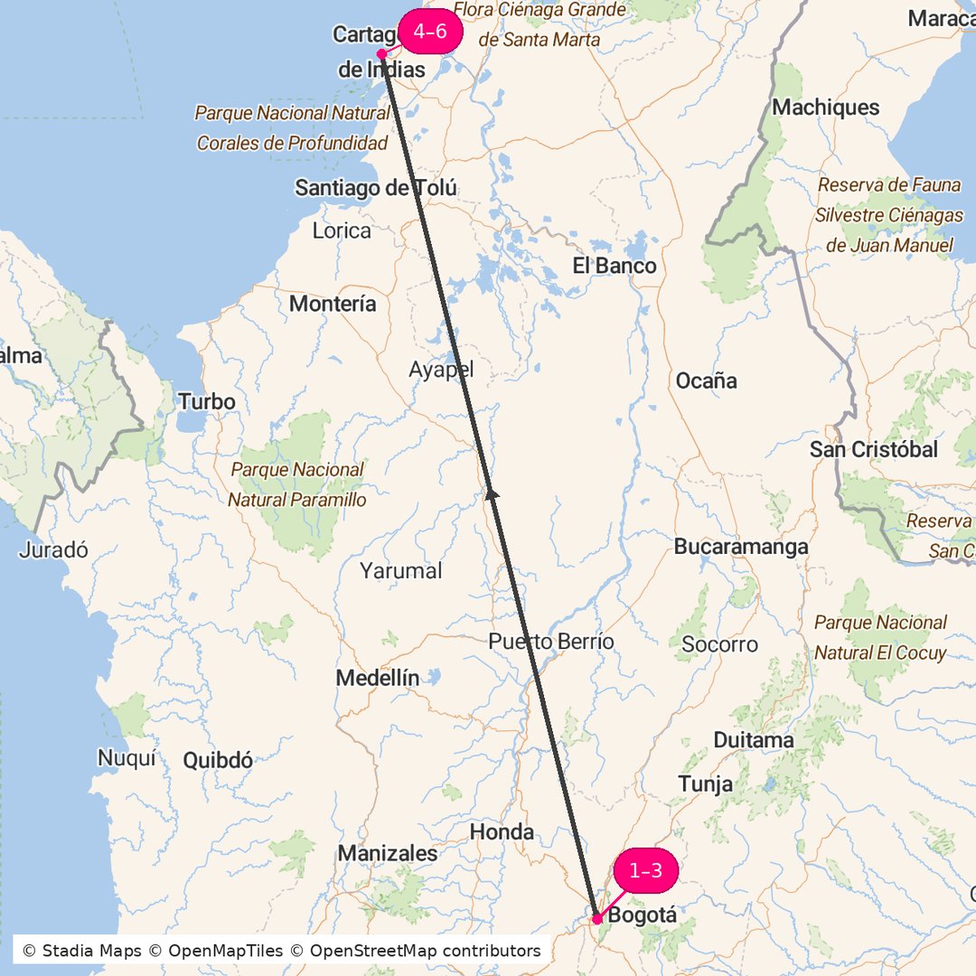 Itinerary route map for Colombia Prestige Escape