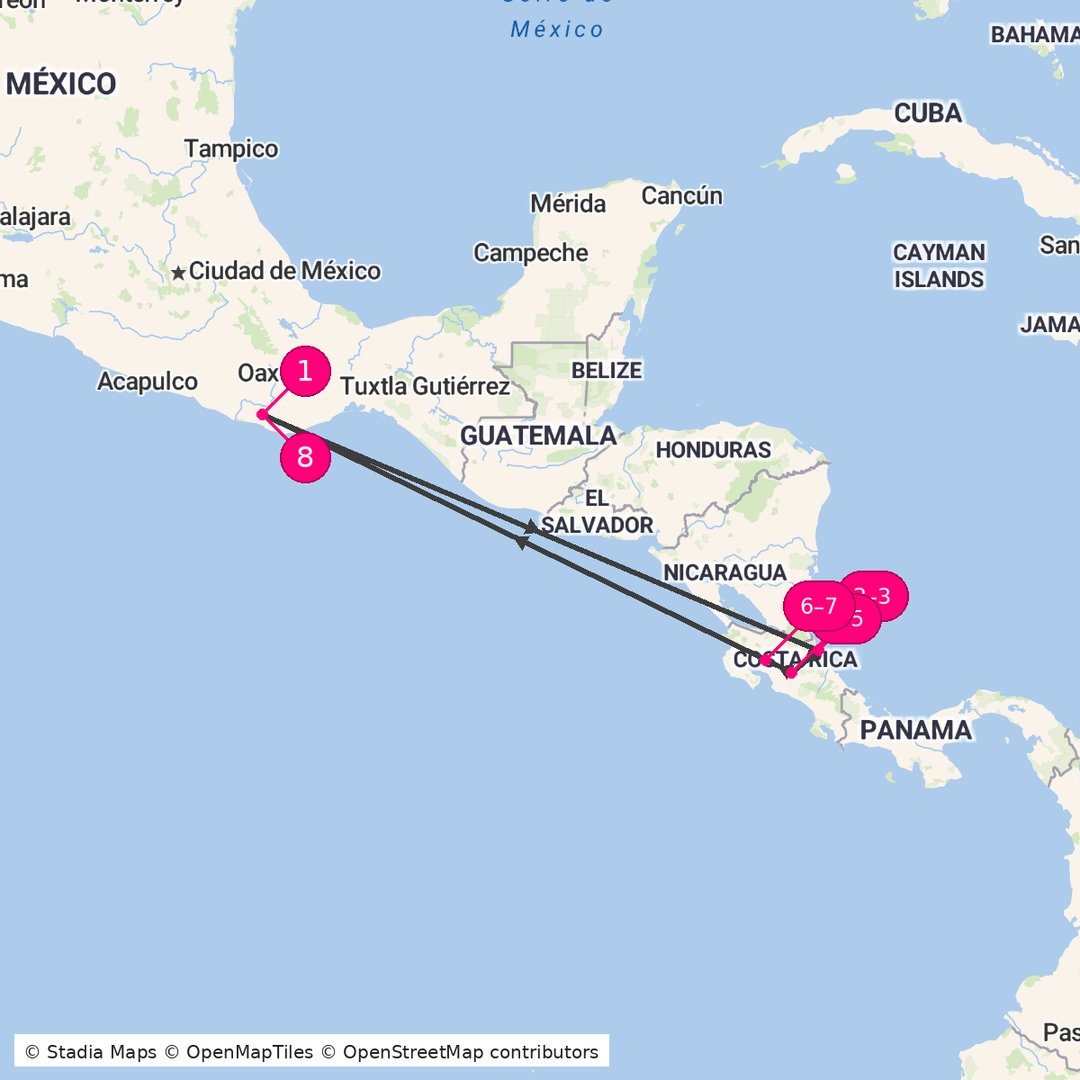 Itinerary route map for Costa Rica Rainforest Explorer