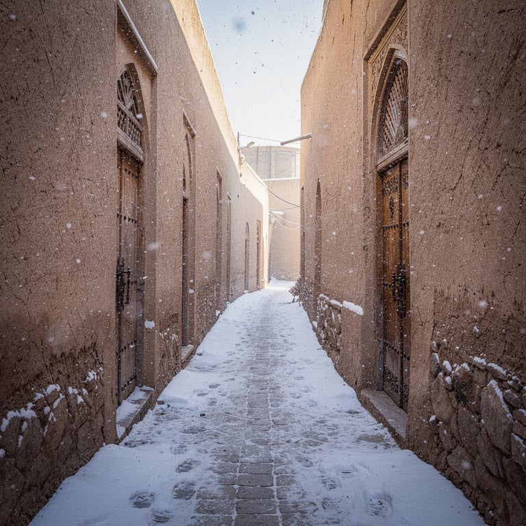 Empty packed-earth lane in Itchan Kala with light snow on wooden doors and mud-brick walls, Khiva, Uzbekistan