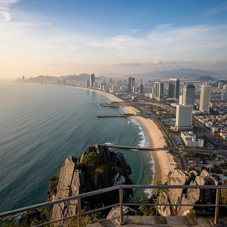 Panoramic view from Marble Mountains lookout over Da Nang city coastline and the South China Sea, Da Nang, Vietnam