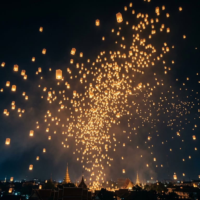 Thousands of illuminated paper lanterns floating in the night sky during the Yi Peng Festival, Chiang Mai, Thailand