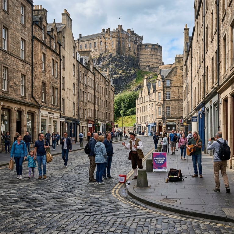 Edinburgh Festival Fringe performers on the Royal Mile in August with crowds, street acts, and the castle on its rock above, Edinburgh, Scotland