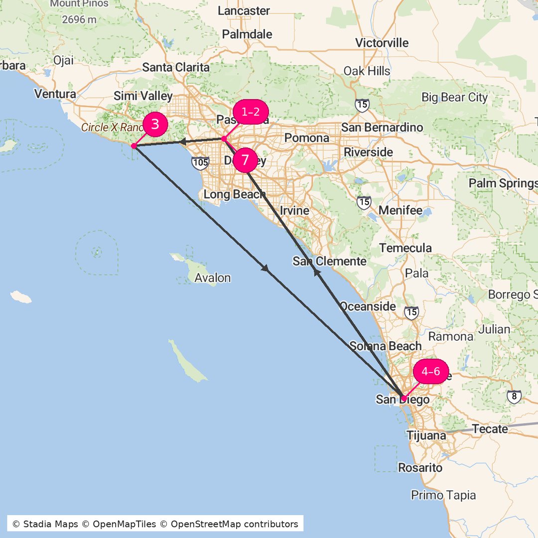 Itinerary route map for California Coast Dream