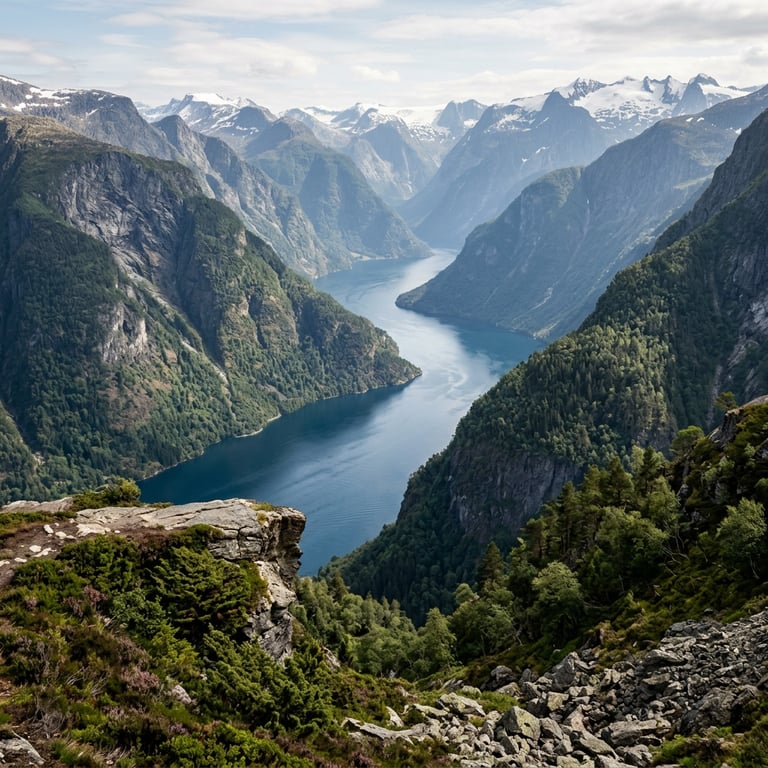 Sognefjord viewed from above Balestrand with deep blue fjord water, snow-capped peaks, and steep forested valley walls, Balestrand, Vestland, Norway