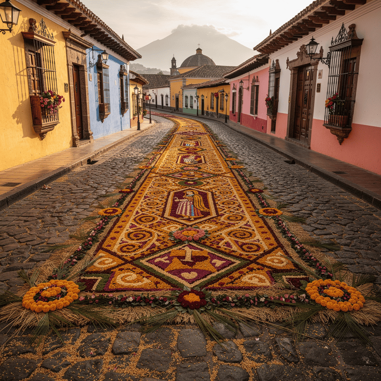 A religious procession at night in Antigua, Guatemala, with purple-robed cucuruchos carrying a gilded anda float past the white stucco facade of the Church of La Merced, colonial buildings lit in the background