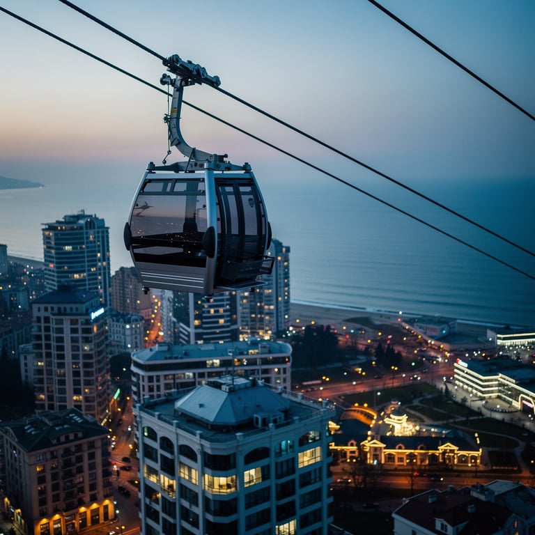 Batumi cable car cabin ascending above the city rooftops and Black Sea coastline at dusk, Adjara, Georgia