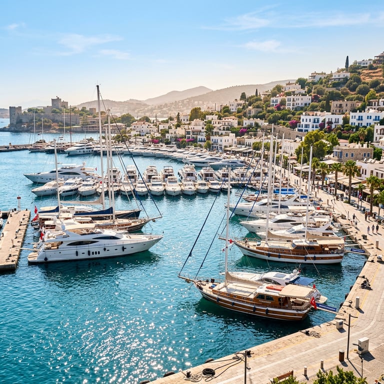 Bustling Bodrum marina in peak summer filled with luxury yachts and traditional wooden gulets, Türkiye