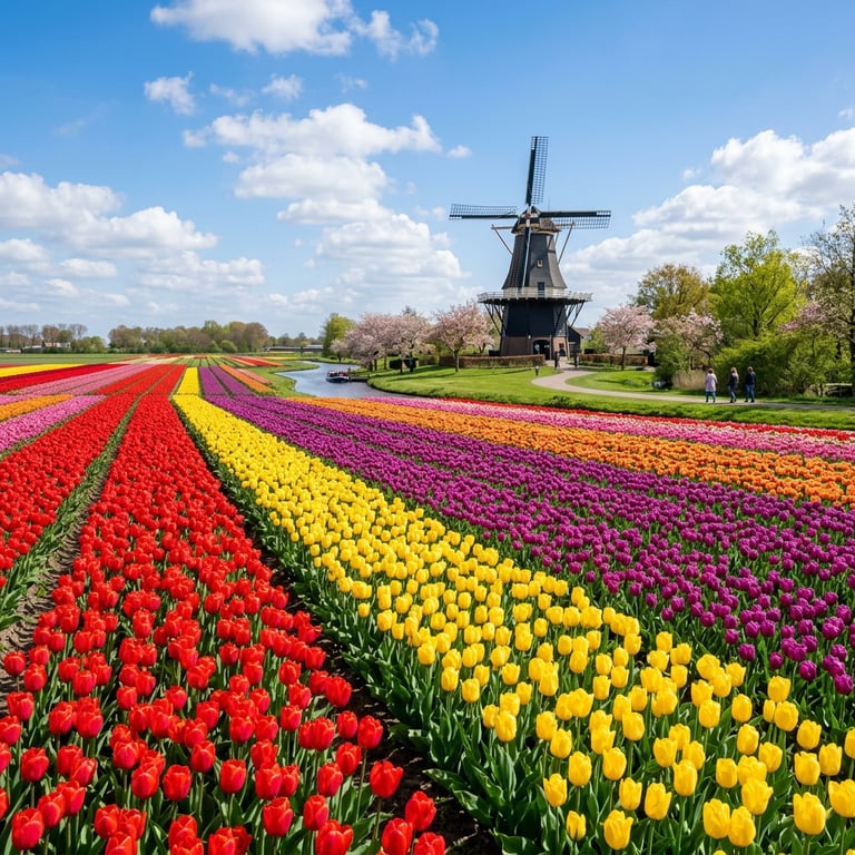 Rows of tulips in red, yellow, and purple at Keukenhof Gardens with a windmill and clear blue sky, Lisse, South Holland, Netherlands