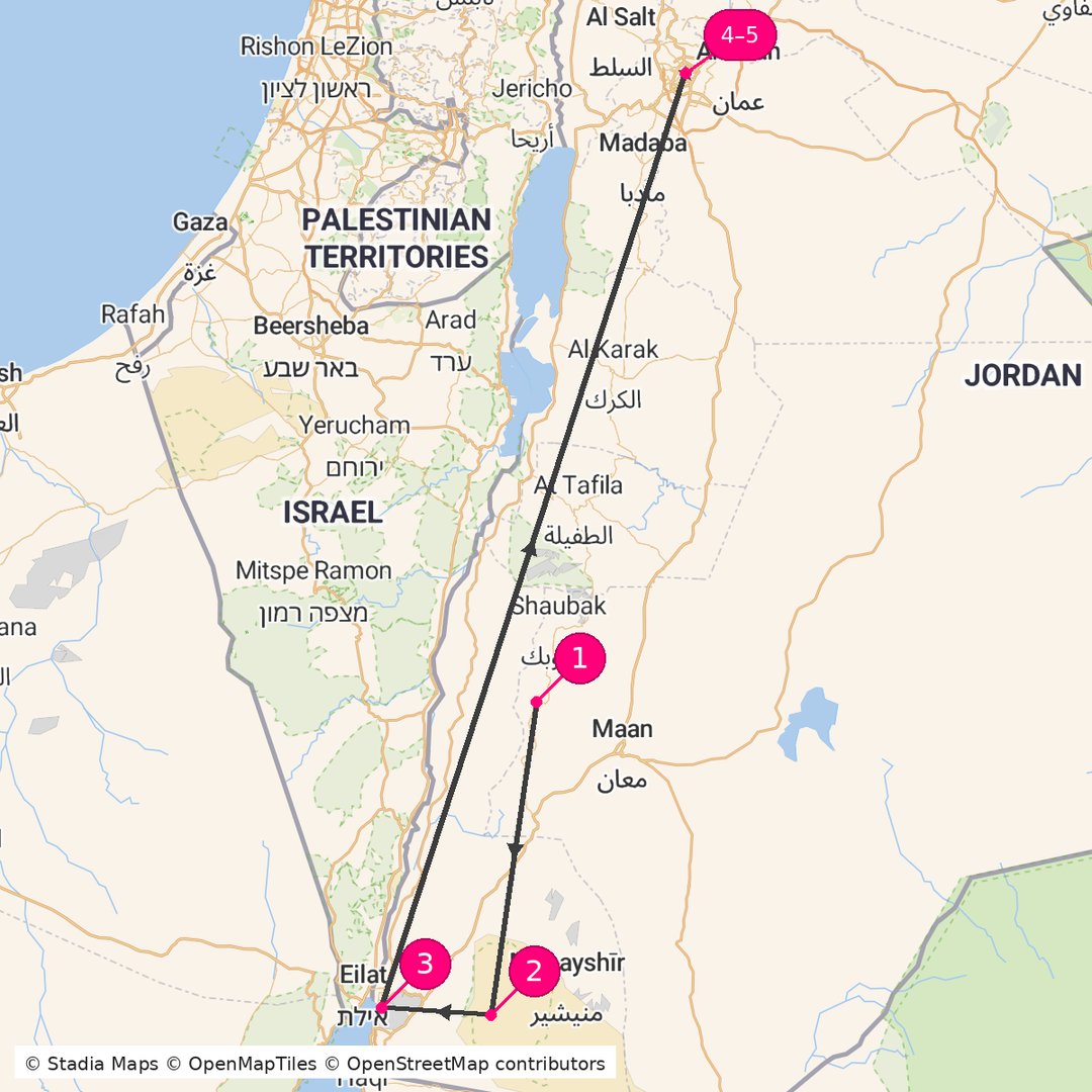 Itinerary route map for Jordan Prestige Adventure