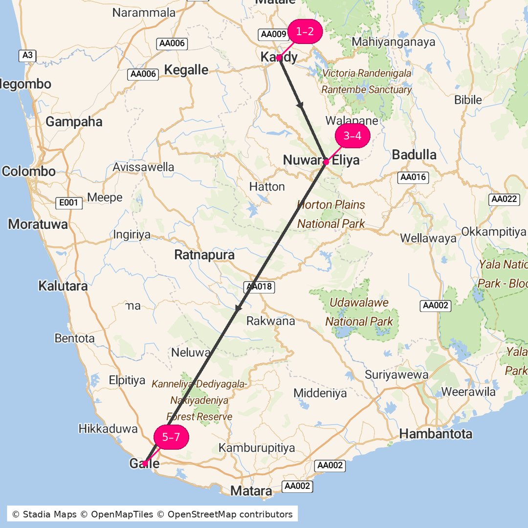 Itinerary route map for Kandy Heritage Escape