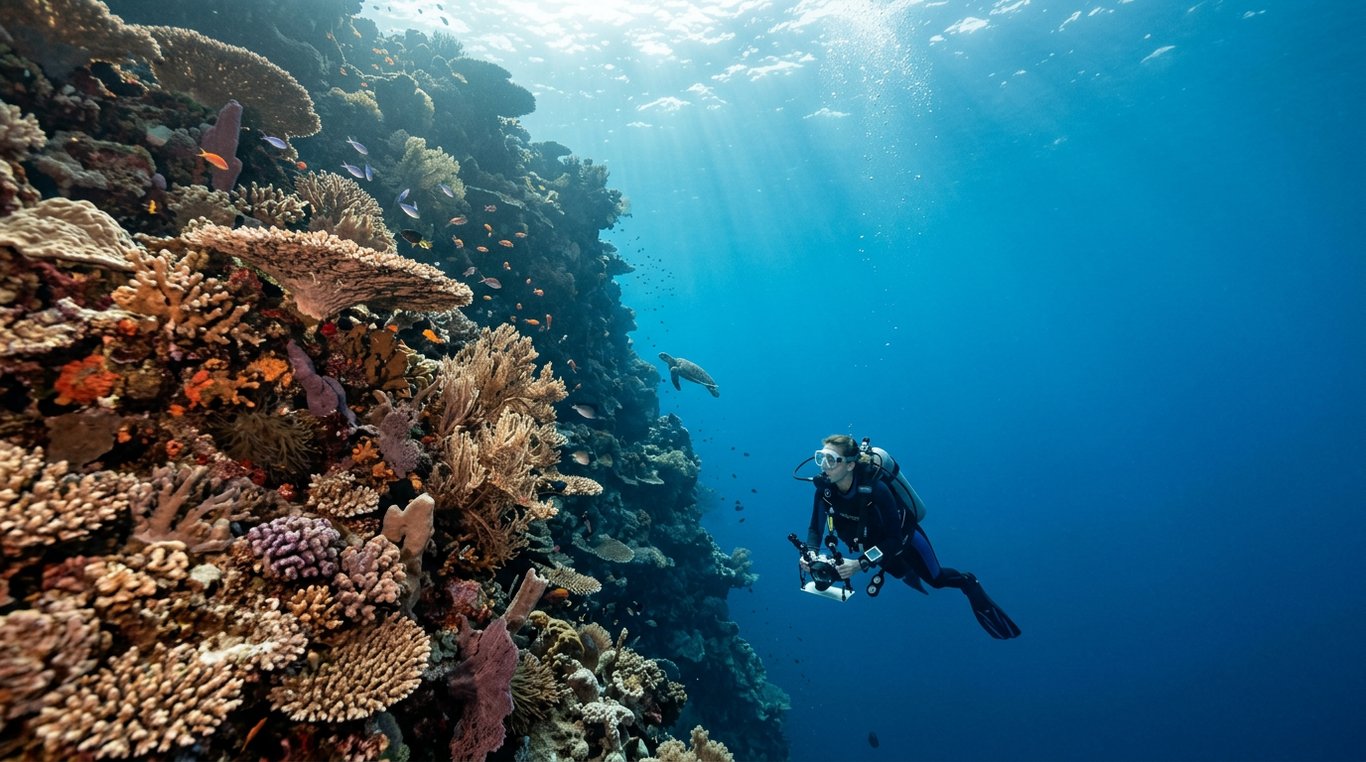 Diver descending above a coral reef wall at Sipadan Island, Sabah, Malaysian Borneo, in July