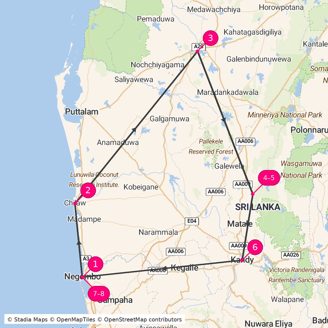 Itinerary route map for Kandy Heritage Escape