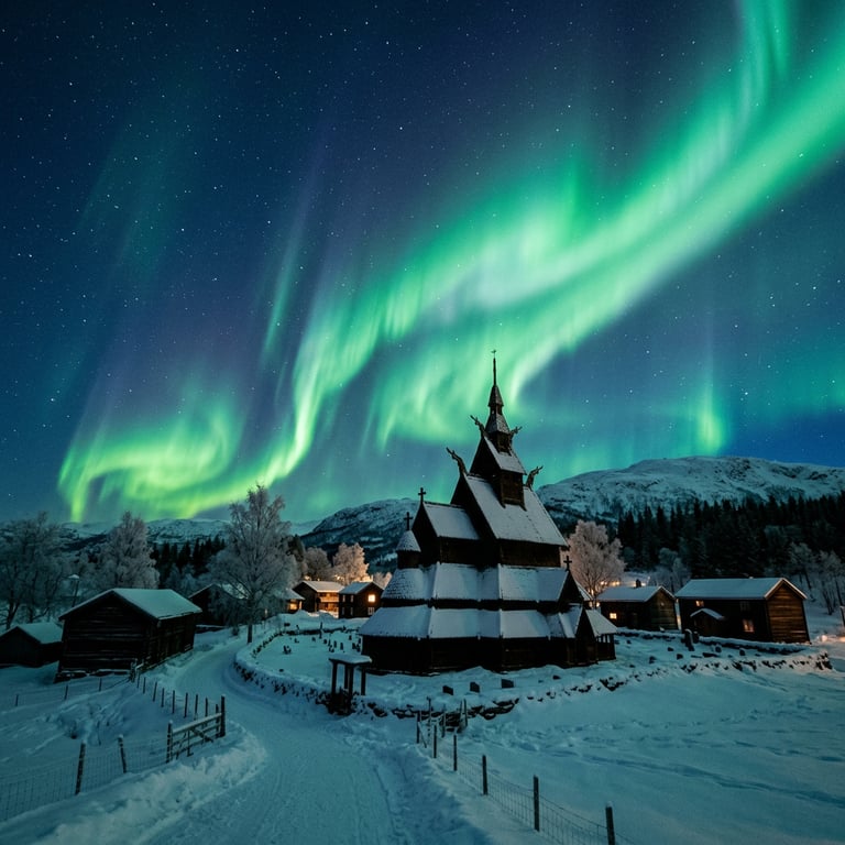 Green Northern Lights aurora borealis above a snow-covered Norwegian village with a wooden stave church silhouetted, Norway