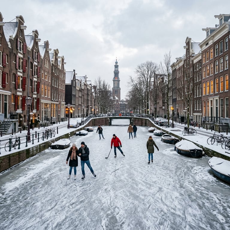 Ice skaters on a frozen Amsterdam canal in winter with snow-dusted gabled houses and a church spire behind, Amsterdam, Netherlands