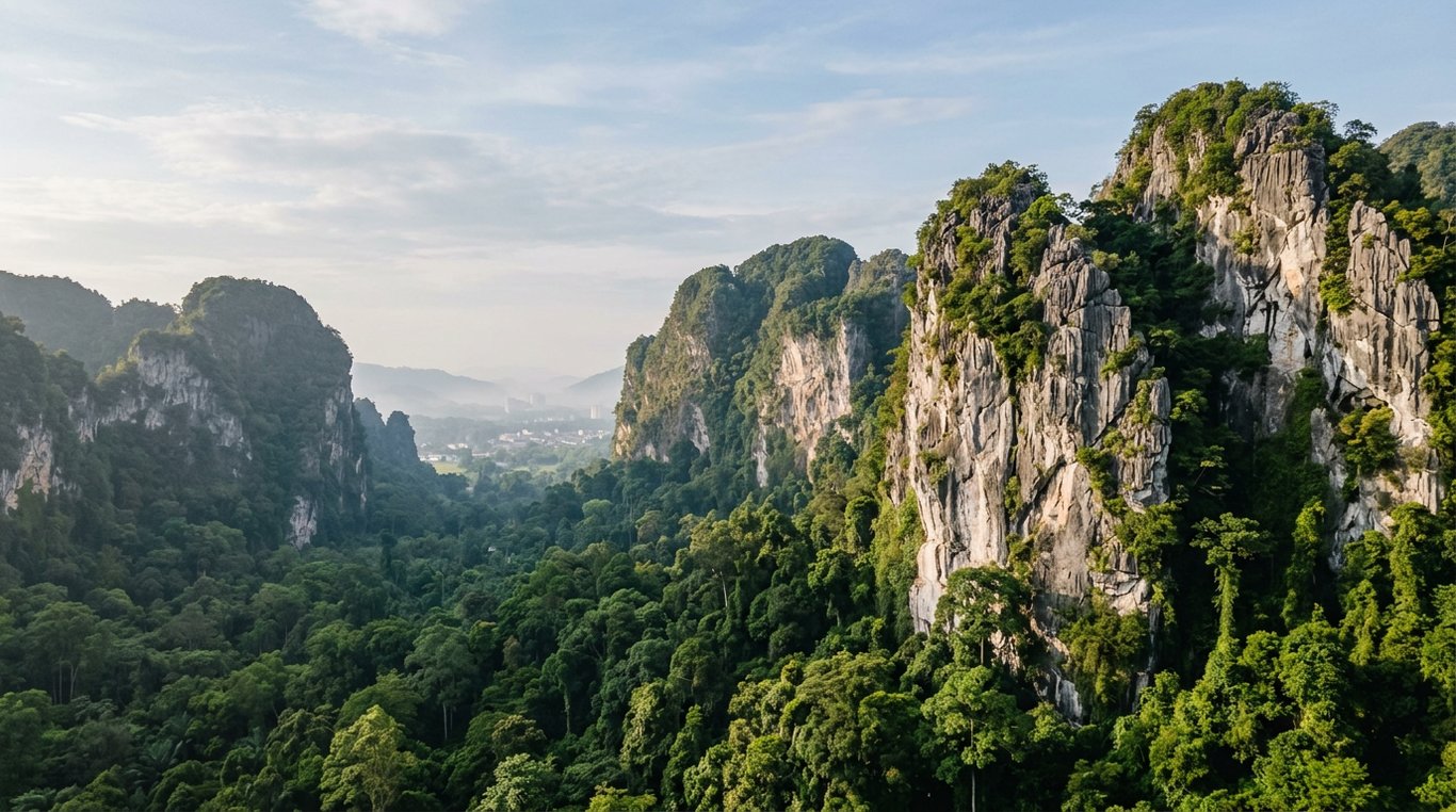 Limestone karst cliffs and jungle canopy above the Ipoh old town valley, Perak, Malaysia