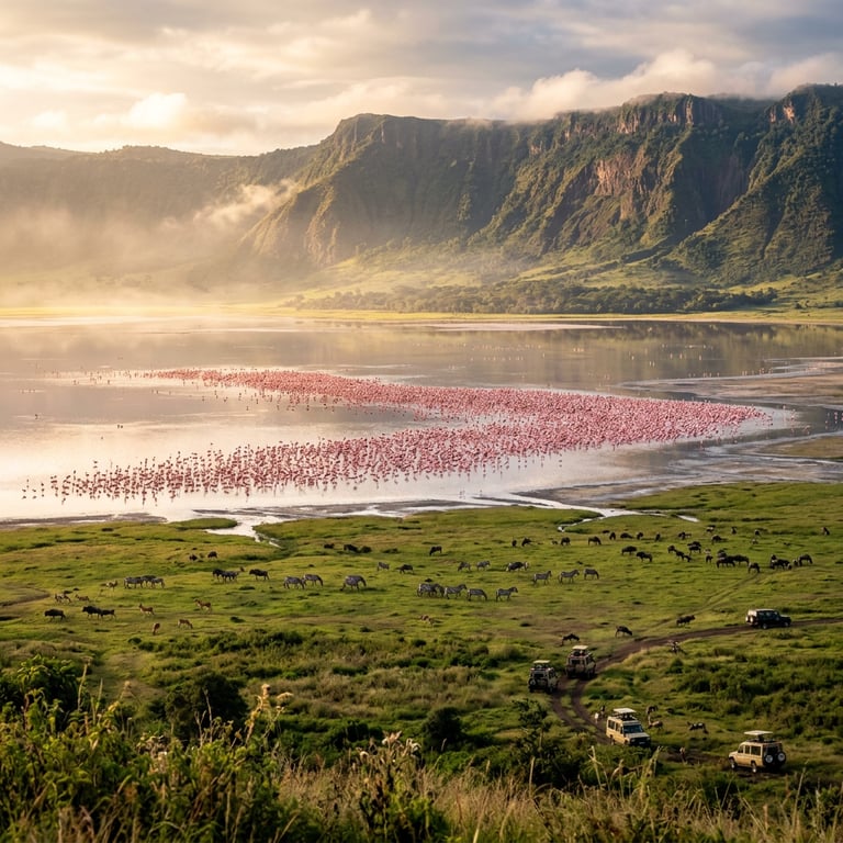 Flamingos on the shallow soda lake of the Ngorongoro Crater floor with zebras on the surrounding grassland and the volcanic caldera walls rising 600 metres behind, Ngorongoro Conservation Area, Tanzania