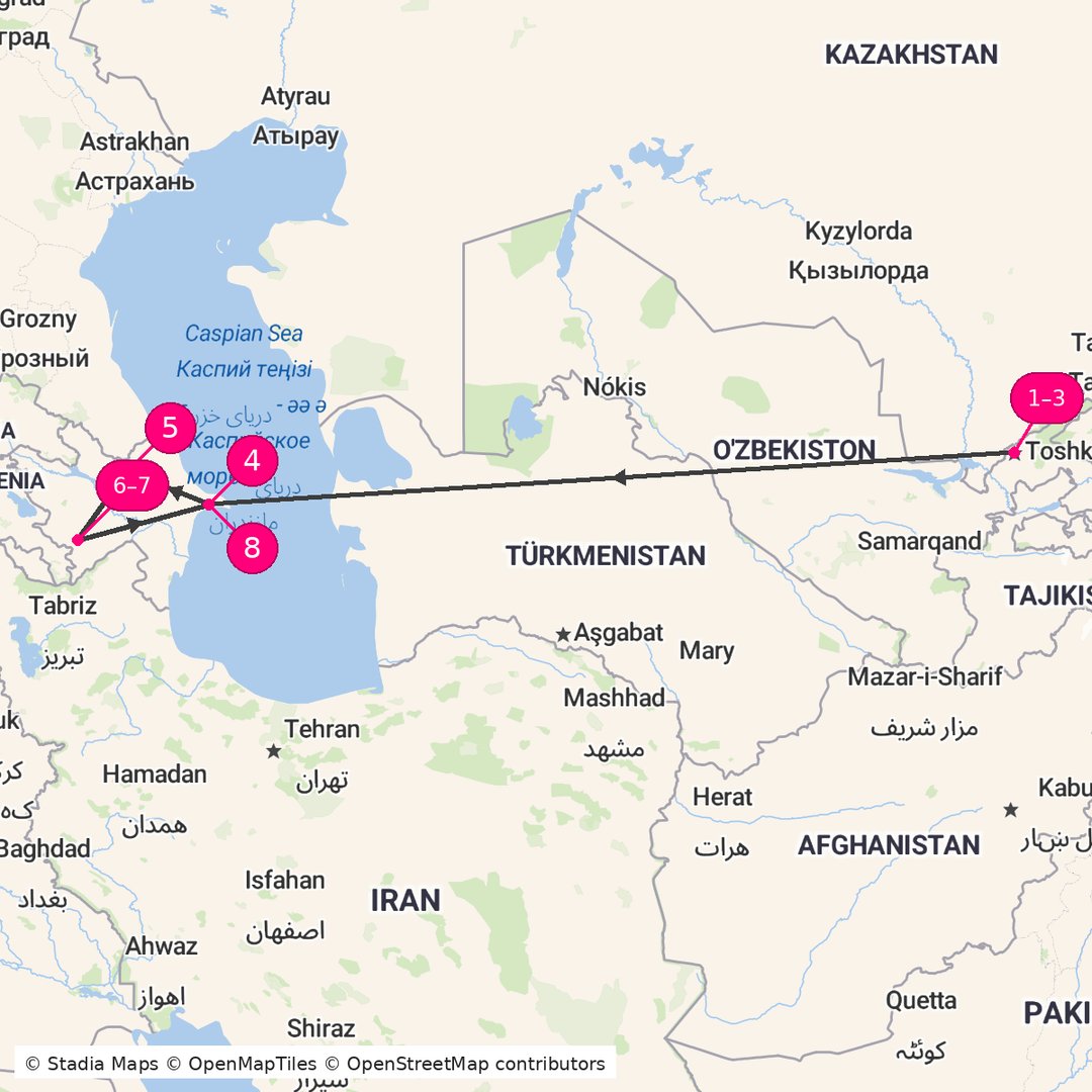 Itinerary route map for Uzbekistan & Azerbaijan Escape