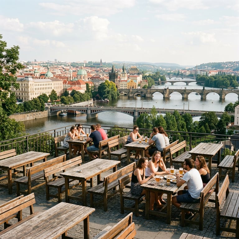 Rooftop beer garden at Letná Park in summer with views over the Vltava River, Charles Bridge, and Prague's Old Town skyline, Letná, Prague, Czech Republic