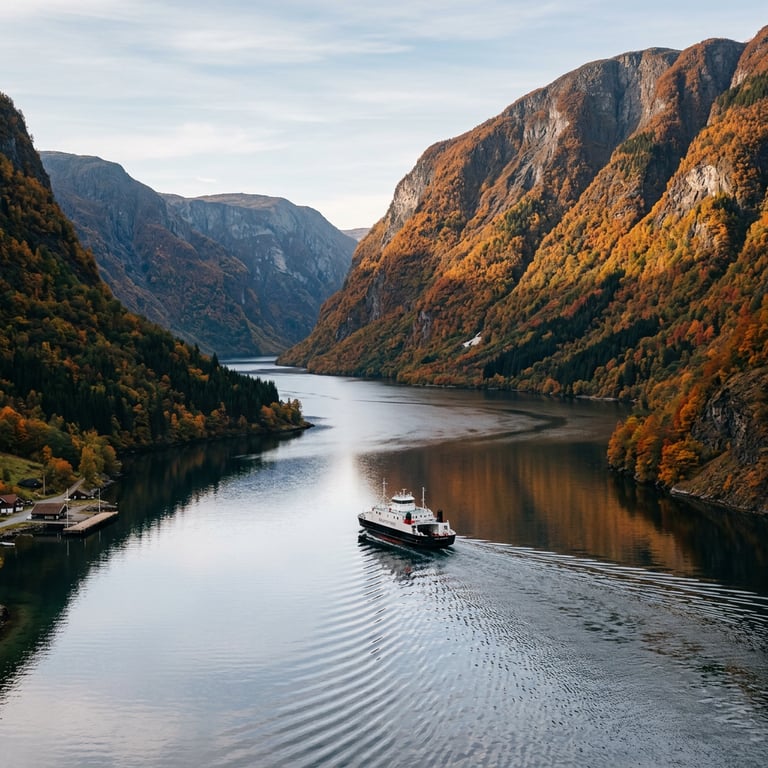Midnight sun over the Sognefjord with the water glowing gold at 11 pm and mountain reflections, Vestland, Norway