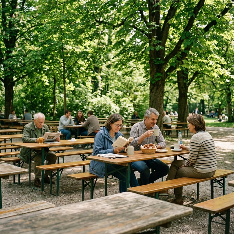 Biergarten tables in the Englischer Garten on a sunny May afternoon with chestnut trees in full leaf and Munich locals drinking Masskrug, Munich, Germany
