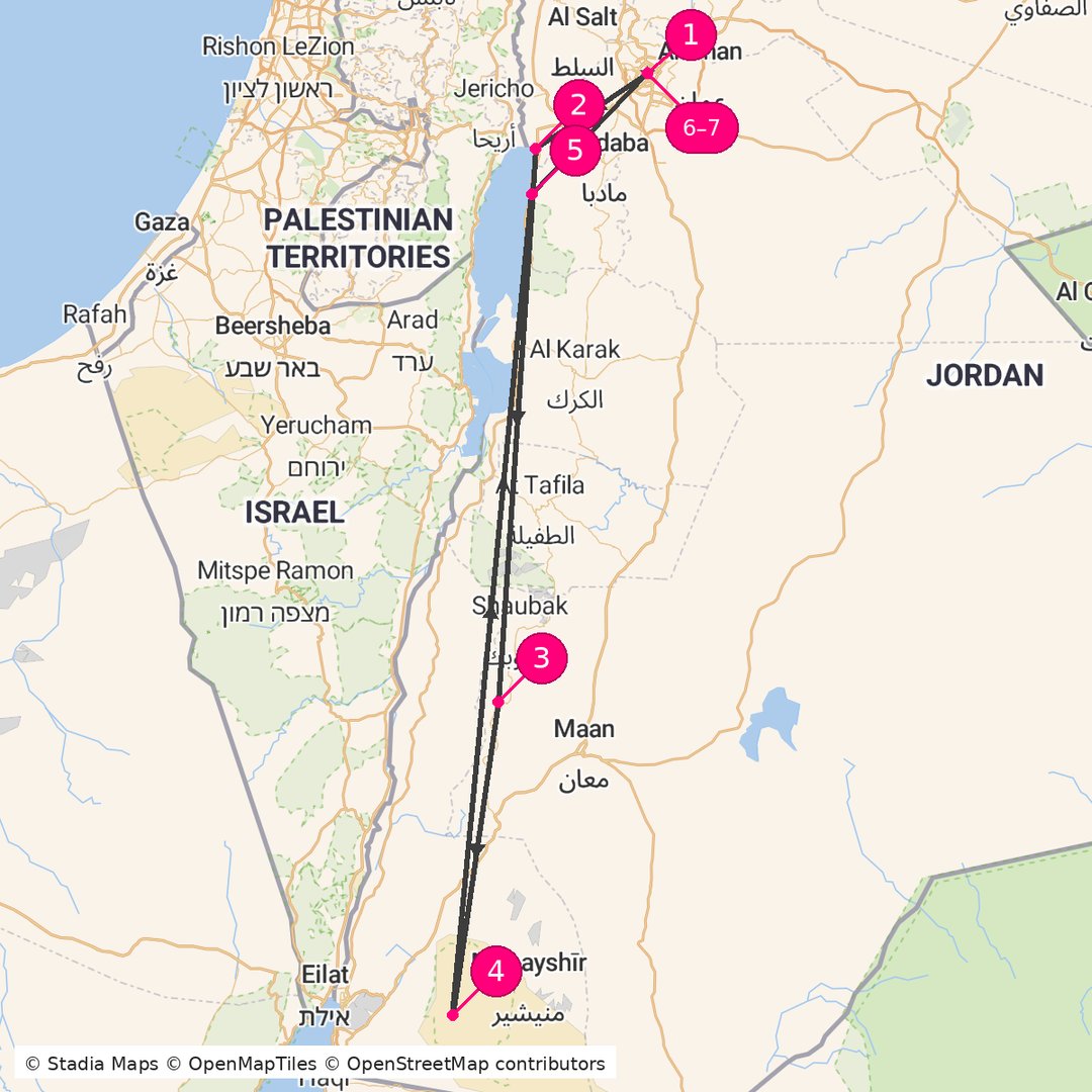 Itinerary route map for Jordan Active Nature Tour