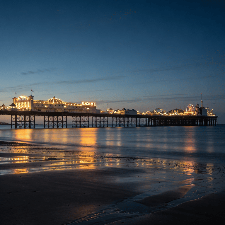 Brighton Palace Pier lit up at dusk above the beach with the sea glowing and the pier's fairground rides visible, Brighton, East Sussex, England