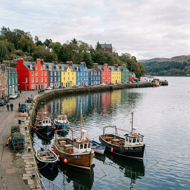 Row of brightly coloured waterfront houses and fishing boats moored in Tobermory harbour on the Isle of Mull, Inner Hebrides, Scotland
