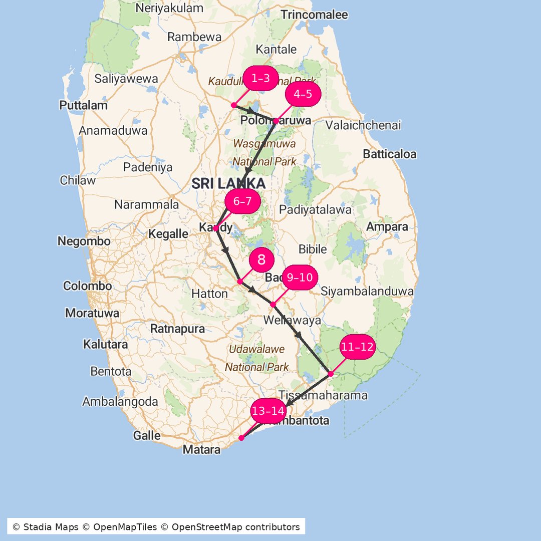 Itinerary route map for Sri Lanka Grand Circuit