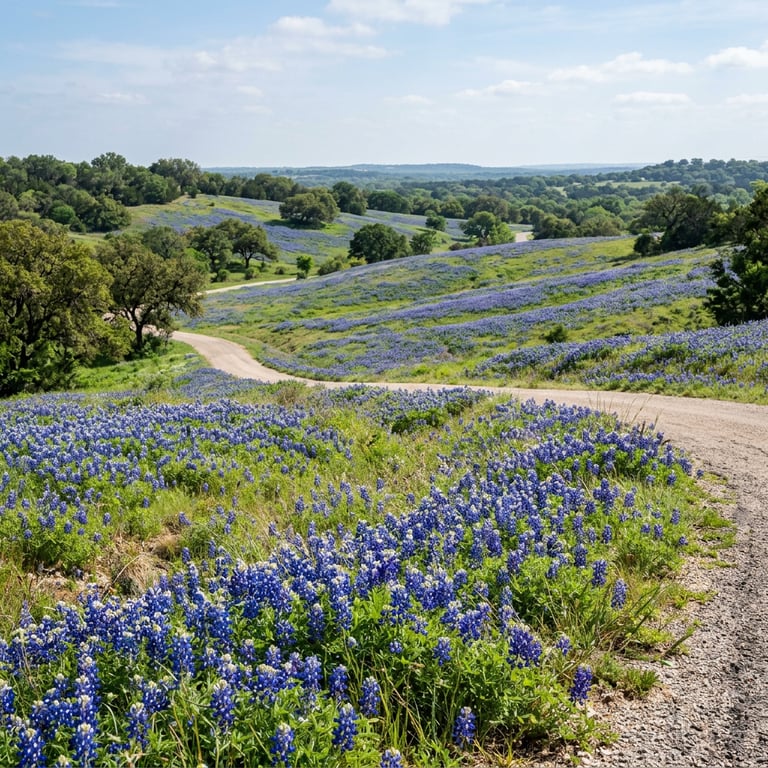 Texas bluebonnets covering a roadside hillside in the Hill Country west of Austin in April with clear blue sky, Austin, Texas