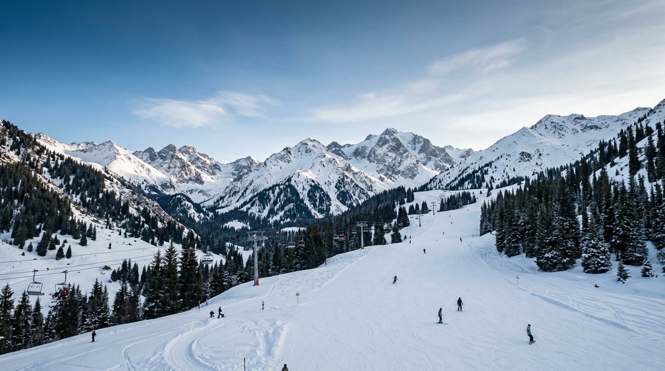 Shymbulak ski resort piste with skiers and snow-covered Tien Shan peaks, Almaty Region, Kazakhstan, in January