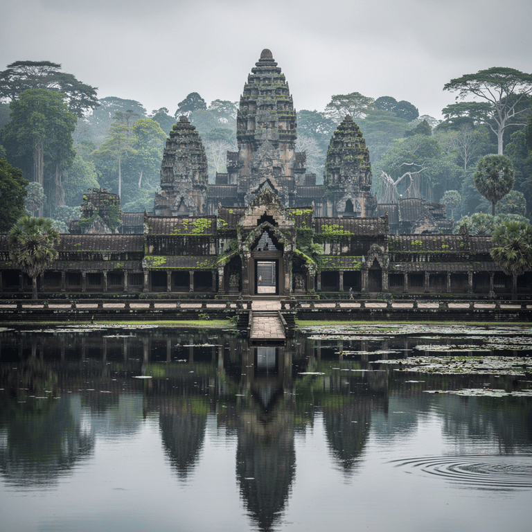 Angkor Wat in the early wet season with emerald moss on the sandstone gallery walls, the wide moat full and mirror-still, and green jungle canopy behind the towers, Siem Reap, Cambodia