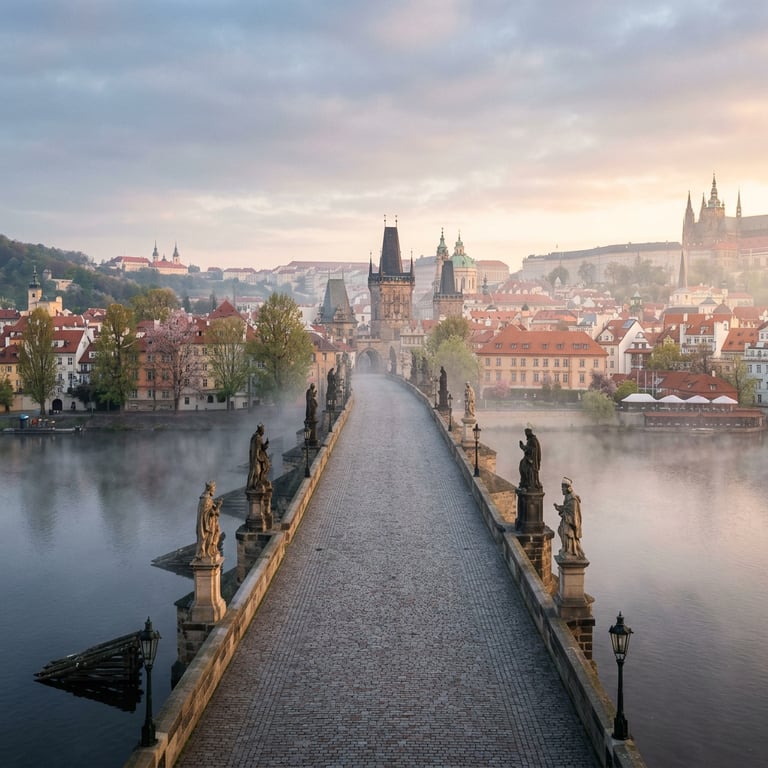Charles Bridge in spring with blossom visible on the Malá Strana bank, early morning mist on the Vltava, and no crowds, Prague, Czech Republic