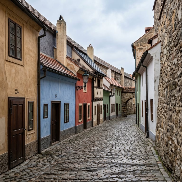Colourful miniature houses of Golden Lane built into the inner wall of Prague Castle with cobblestones and no crowds, Hradčany, Prague, Czech Republic