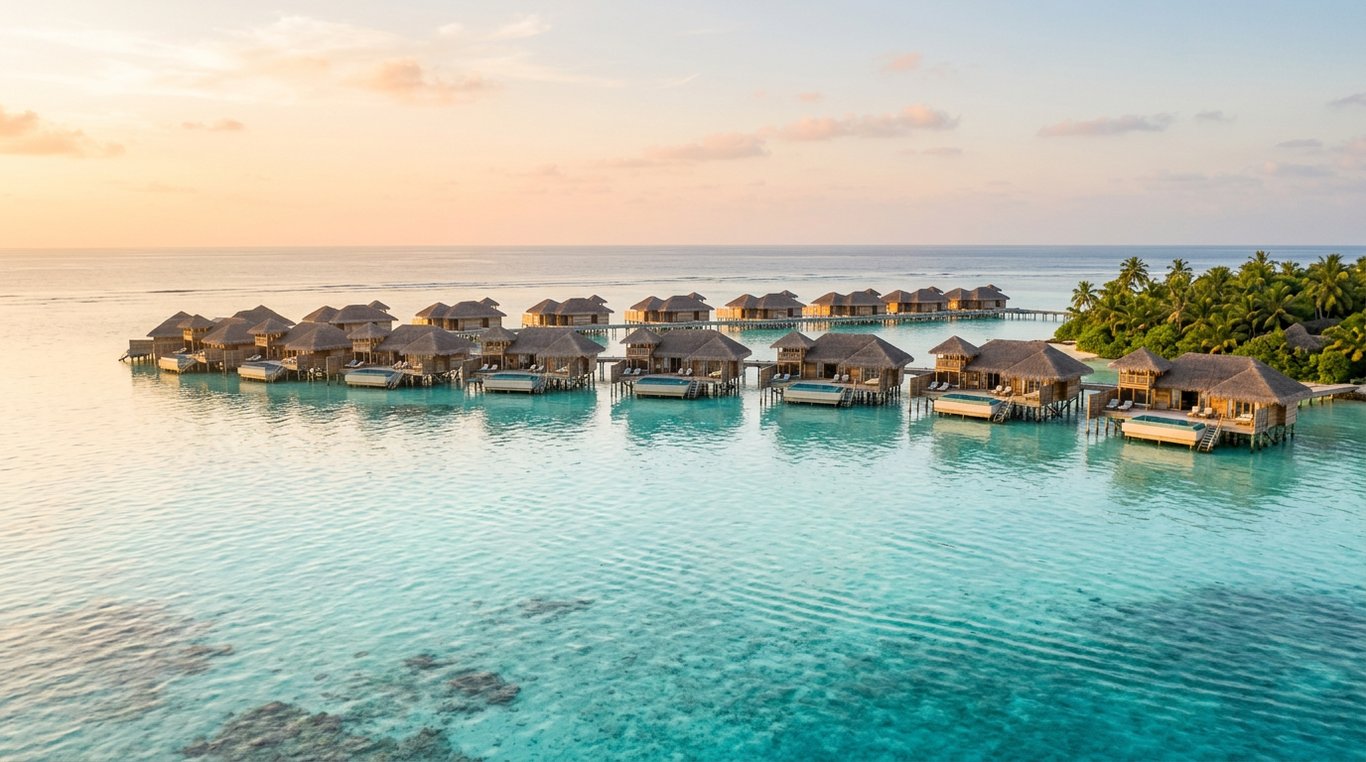 Luxury overwater villa bungalows above a turquoise lagoon at sunrise, South Male Atoll, Maldives